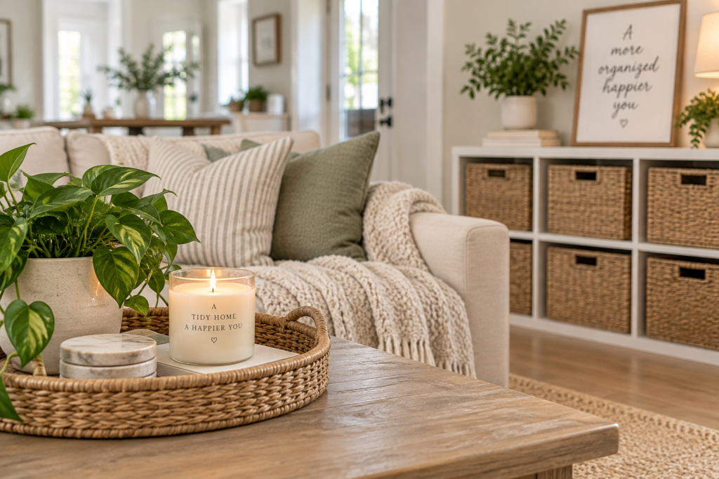 10 Simple Ways to Make Your Home Feel More Organized Without Spending a Fortune Organized living room with woven storage baskets, greenery, and neutral home decor