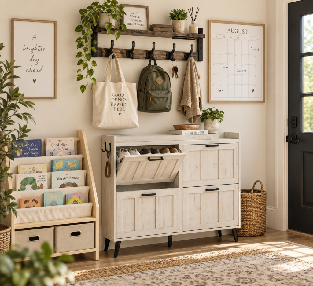 6 Helpful Finds That Make Everyday Life a Little Easier Organized family entryway with wall hooks, slim shoe storage, kids bookshelf, and family calendar