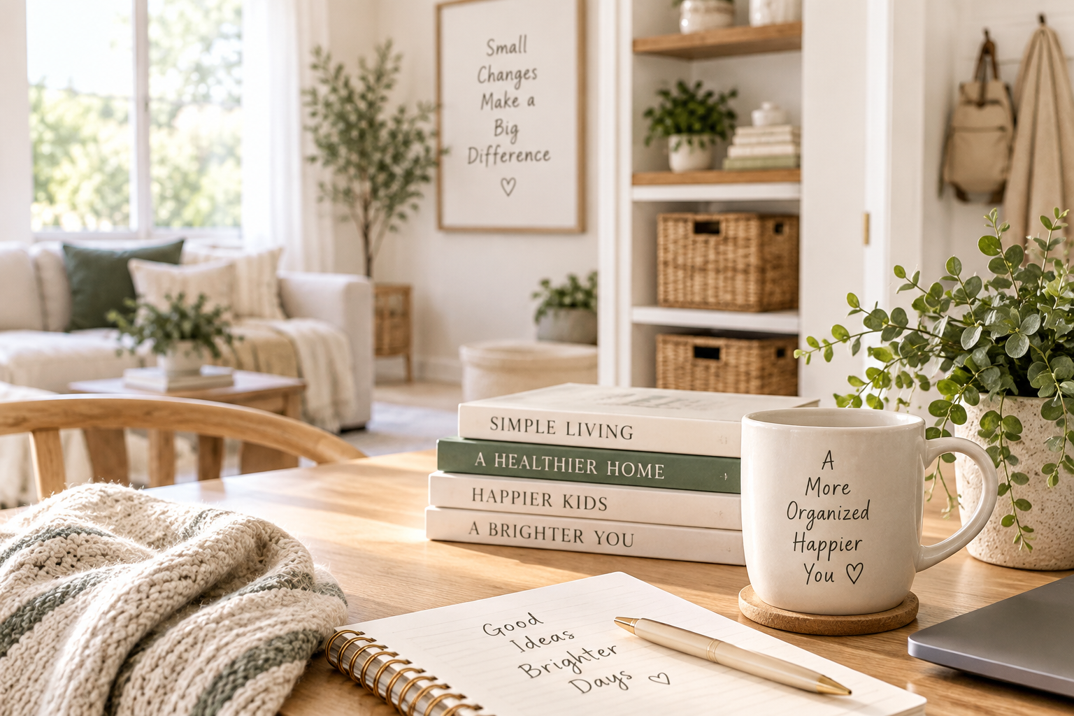Home Warm, organized living space with natural light, greenery, storage baskets, books, and a cozy workspace.