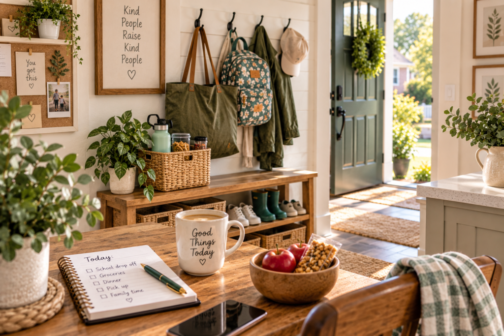 15 Mom Hacks That Make Everyday Life a Little Easier Organized family entryway with backpacks, shoes, snacks, planner, and everyday essentials