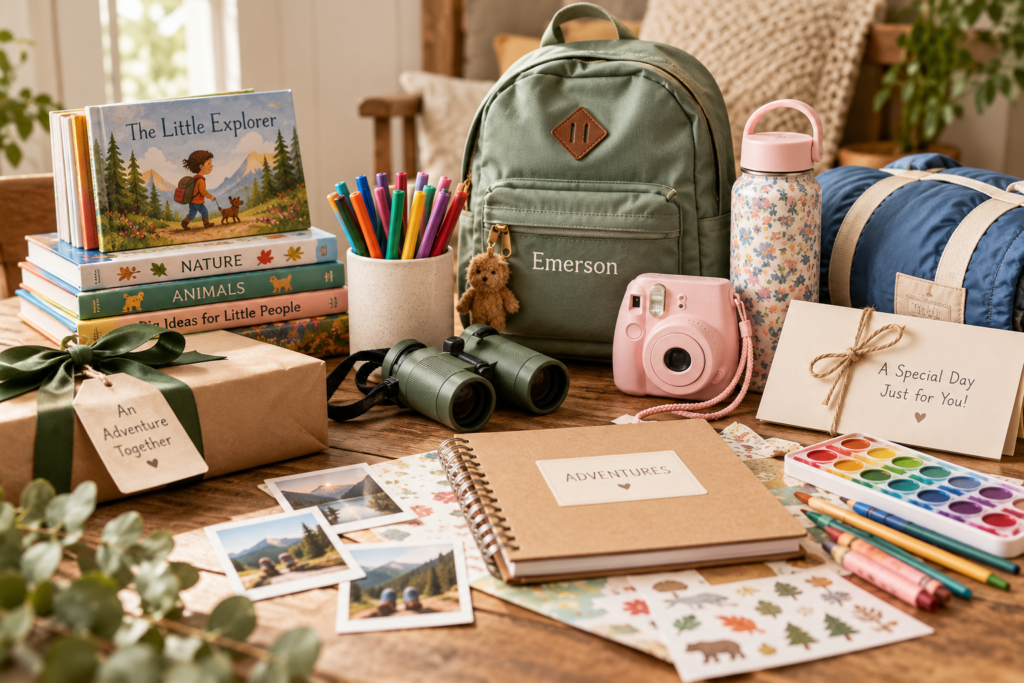 Thoughtful non-toy gift ideas for kids including books, art supplies, a backpack, camera, binoculars, and memory-making gifts